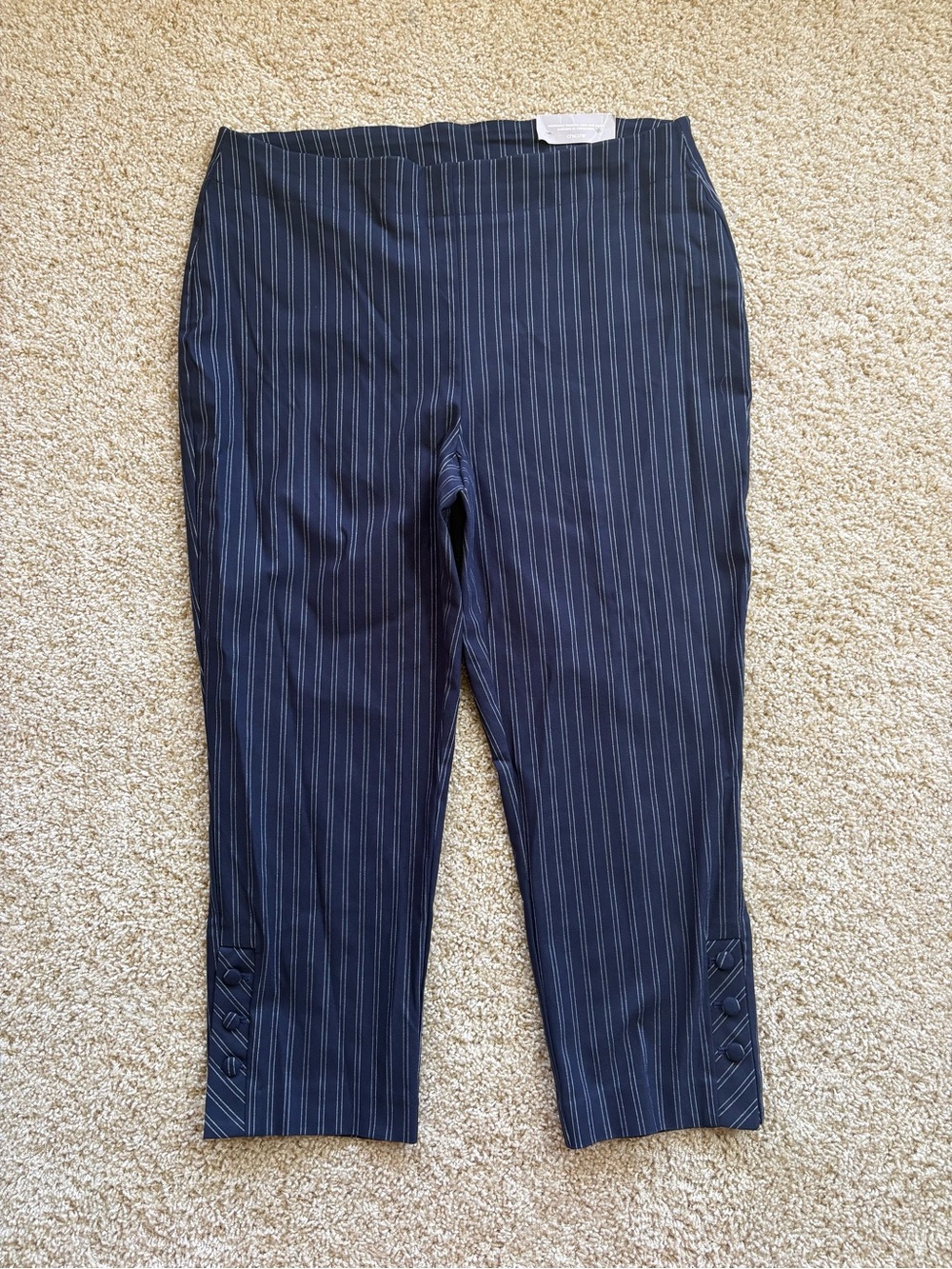Chicos So Slimming Brigitte Crop Pants 2.5 US 14 Navy Pinstripe Button Hem NWT